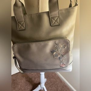 EUC soft gray bag with embroidered flowers on front pocket